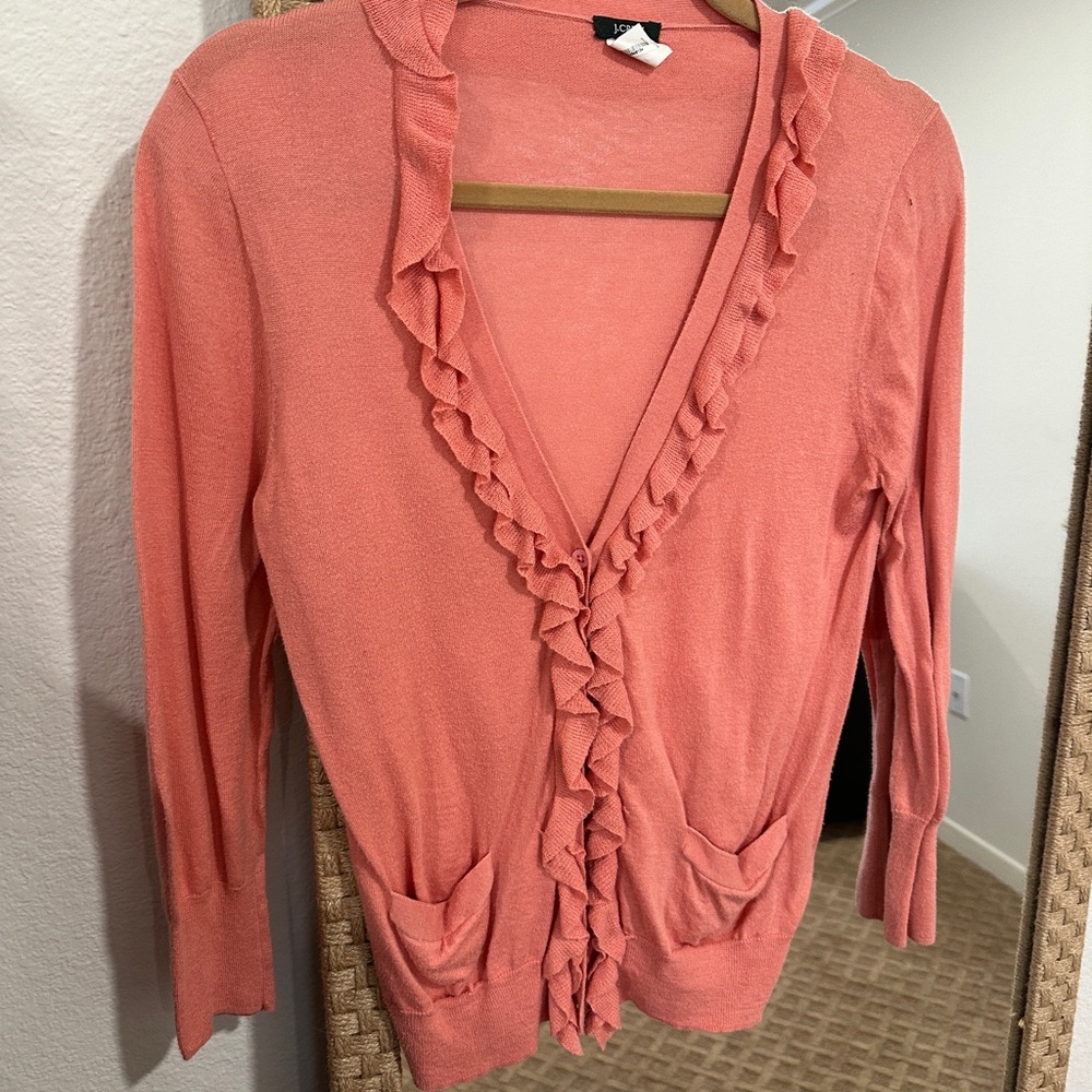 J. Crew Coral Ruffle V-Neck Cardigan
